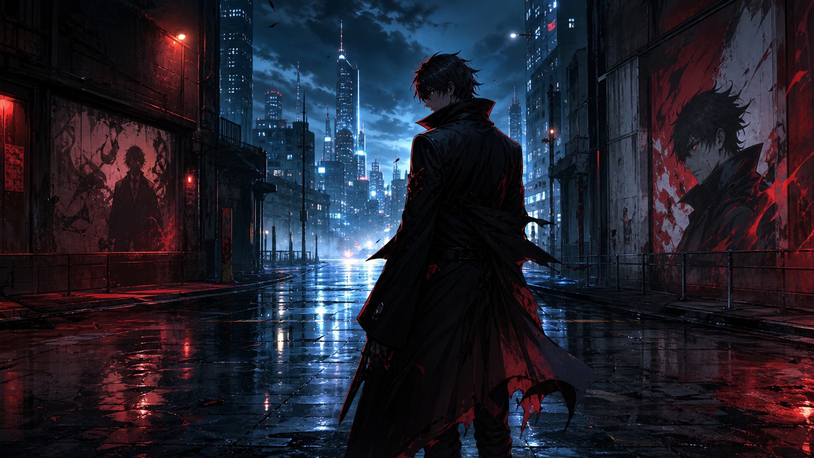 Original anime inspired anti-hero standing in a neon city alley at night