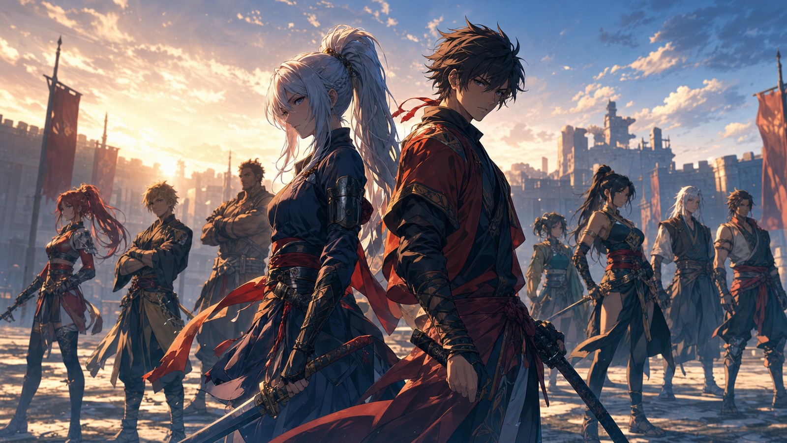 Original anime inspired partners standing back to back with a team behind them at sunrise