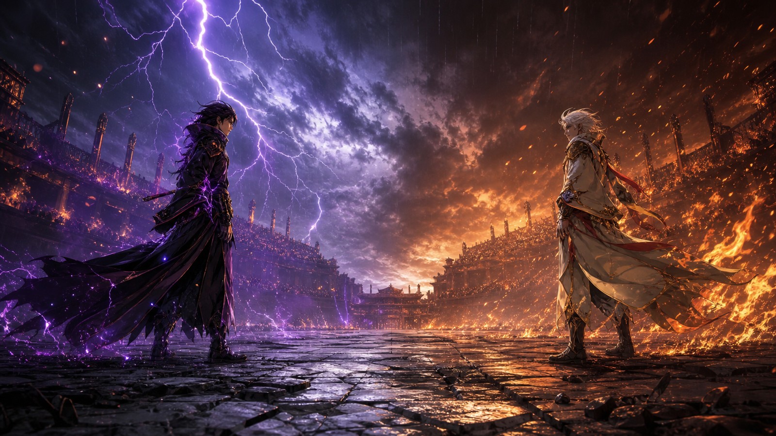 Original anime inspired rivals facing each other on a stormy arena walkway
