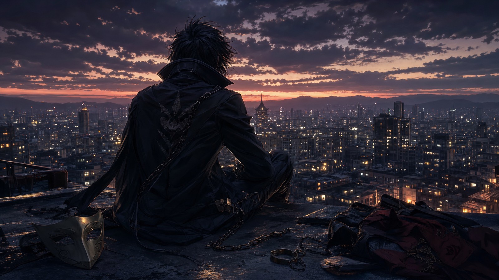 Original anime inspired rogue on a rooftop at dusk with symbolic objects nearby