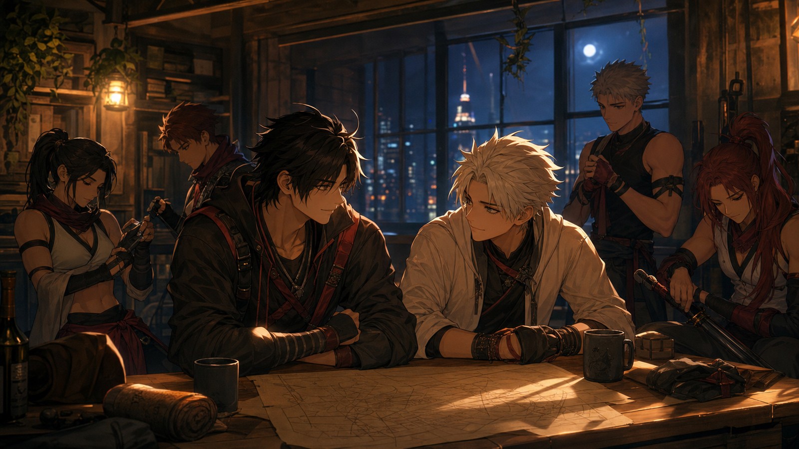 Original anime inspired team gathered in a warm late night hideout